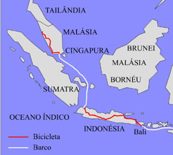 Mapa: rota na Indonésia e Malásia